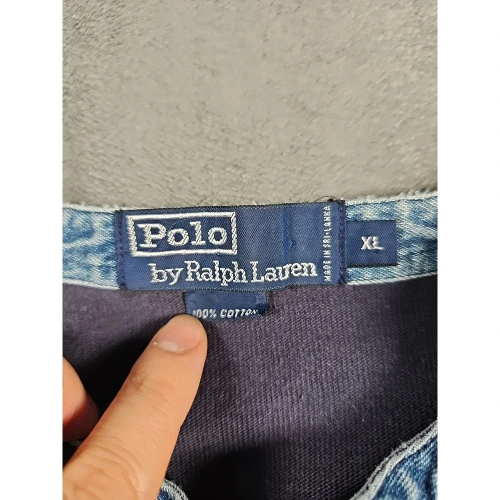 Polo by‎ Ralph Lauren Sweatshirt Denim Collar Navy Blue Red Pony Cotton Vtg